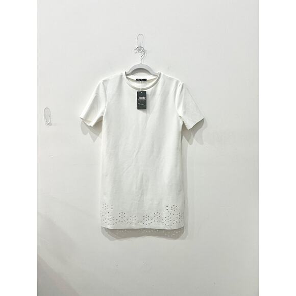Zara Faux Suede Short Sleeve Eyelet Detail Shift Mini Dress White Women's Small - Picture 3 of 6